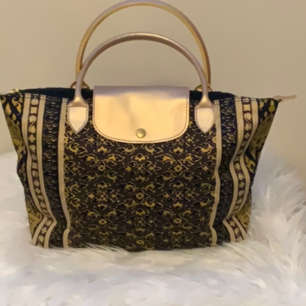 Fold-up Khomapastr (Bangkok) Gold and Brown Print Fabric Handbag NWT
